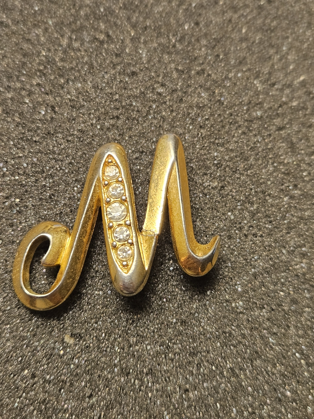 Avon Gold-Tone 'M' Brooch with Clear Rhinestones